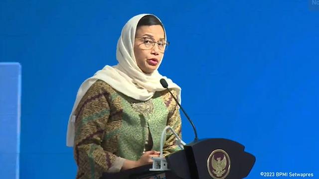 Menteri Keuangan (Menkeu) Sri Mulyani Indrawati dalam sambutan pada Acara Anugerah Adinata Syariah 2023, Jumat (26/5/2023).