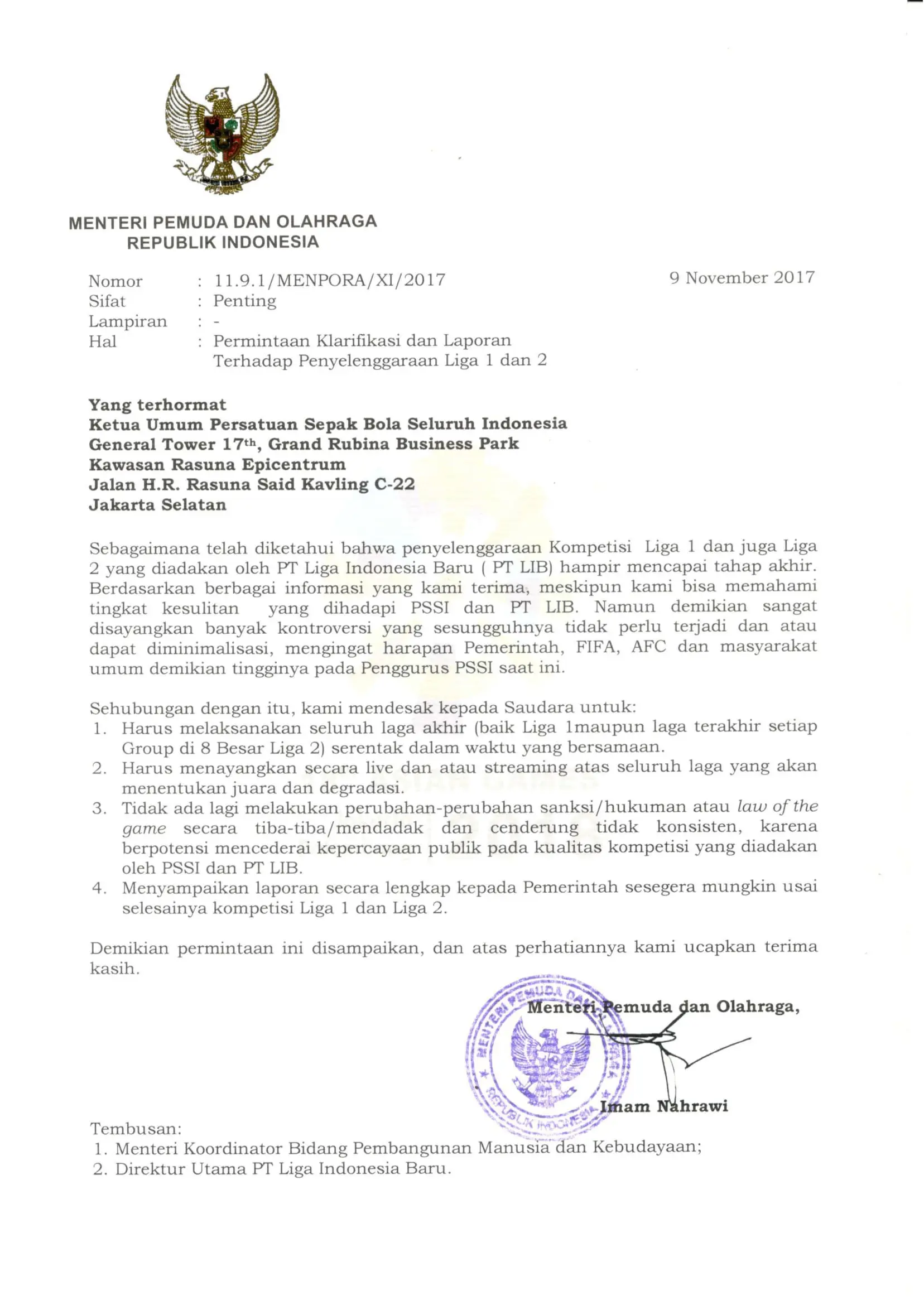 Kemenpora meminta PSSI memberi penjelasan terkait penyelenggaraan Liga 1 dan Liga 2. (Liputan6.com/Risa Rahayu Kosasih)