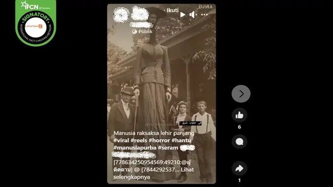 <p>Gambar tangkapan layar foto yang diklaim sebagai manusia raksasa berleher panjang. (sumber: Facebook)</p>