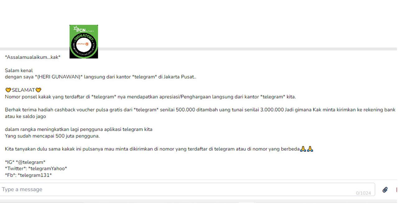 Tangkapan layar informasi Telegram membagikan pulsa 500 ribu dan uang tunai Rp 3 juta