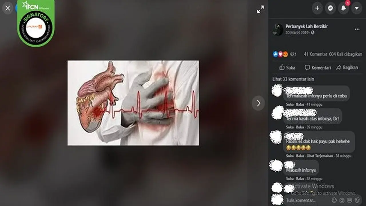 Gambar Tangkapan Layar Klaim Mengonsumsi Makanan dan Minuman Dingin Berbahaya Bagi Jantung (sumber: Facebook)