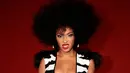 Dalam foto-fotonya, Beyoncé mengenakan bodysuit hitam putih yang menjuntai seperti gaya tahun 70-an, perhiasan perak, lipstik merah mencolok, dan rambut Afro yang disanggul.  [@beyonce].
