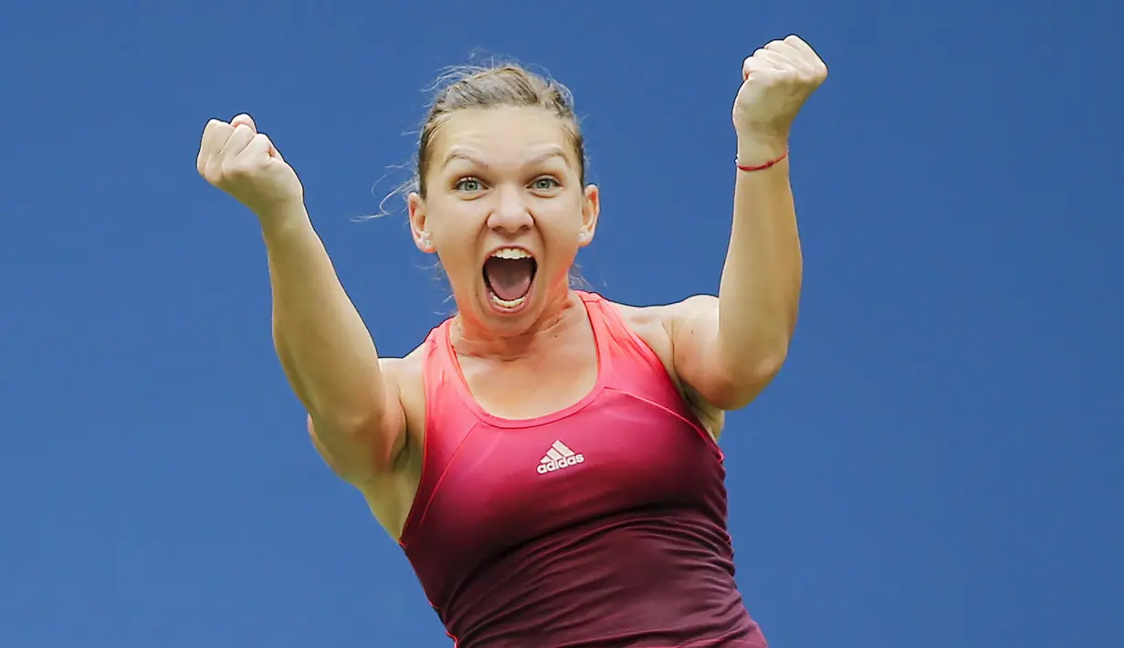 Ekspresi petenis Rumania, Simona Halep, setelah mengalahkan petenis Belarus, Victoria Azarenka, dalam perempatfinal Turnamen Tenis AS Terbuka 2015 di New York, AS. (9/9/2015). (Reuters/Eduardo Munoz)