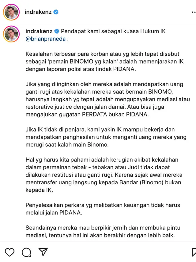 Pernyataan sikap pengacara Indra Kenz setelah kliennya divonis 10 tahun penjara. (Foto: Dok. Instagram @indrakenz)