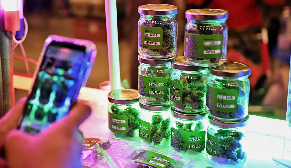 <p>Vendor menjual jenis ganja untuk merayakan legalisasi ganja di "Thailand: 420 Legalaew!" festival akhir pekan yang diselenggarakan oleh Highland di provinsi Nakhon Pathom pada 11 Juni 2022. (AFP/Lillian Suwanrumpha)</p>