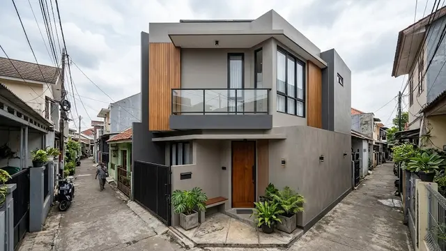Desain rumah 2 lantai di gang sempit tanpa halaman depan yang bisa jadi resolusi hunian minimalis elegan di 2027 model dengan atap datar