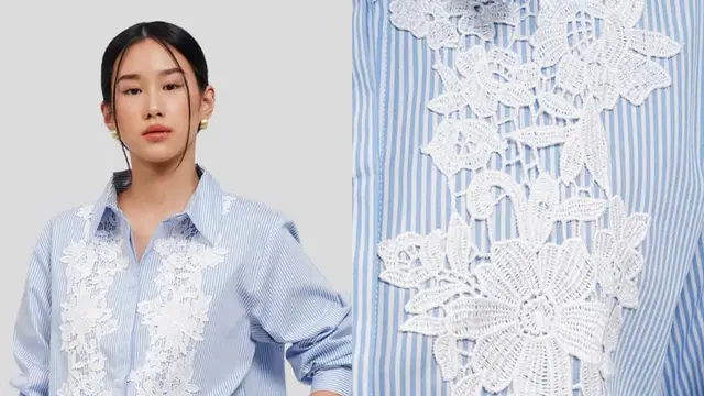 Executive Stripe Loose Shirt with Lace Blue