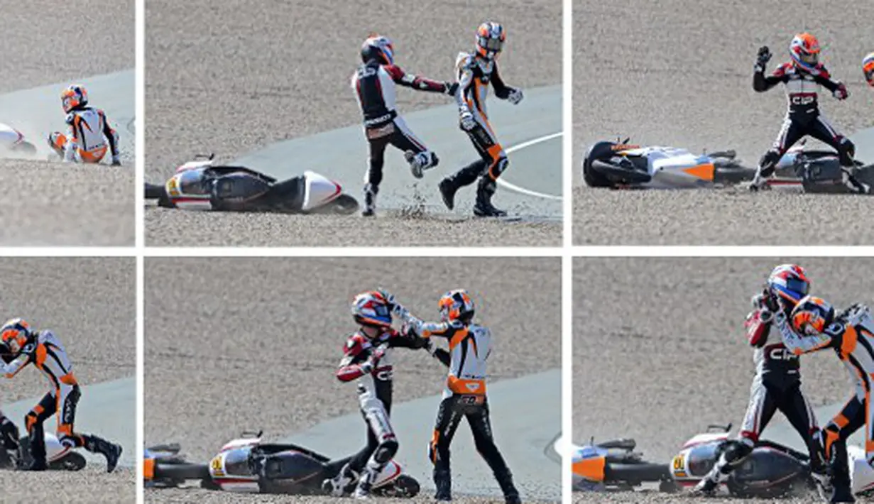 Foto kombinasi perkelahian antara pembalap Moto3, Bryan Schouten dan Scott Deroue di Sirkuit Sachsenring, Jerman, Minggu (13/7/14). (AFP PHOTO/ROBERT MICHAEL)