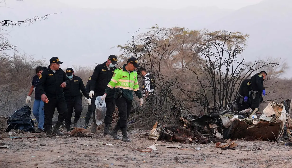 Polisi memeriksa puing-puing pesawat yang jatuh saat penerbangan wisata yang membawa turis di atas Garis Nazca di Peru, Sabtu, 1 Agustus 2026. (Foto AP/Genry Bautista)