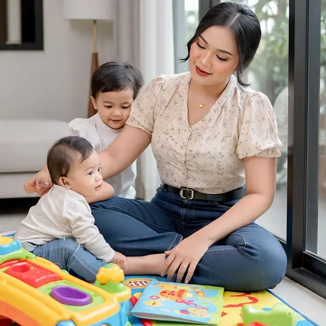 Outfit Ibu Muda High-Waist Jeans dengan Blouse