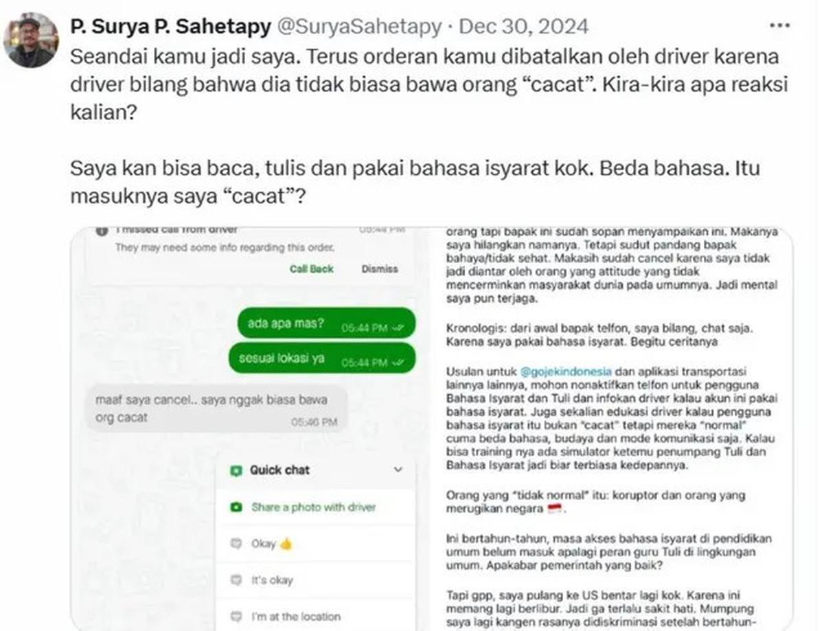 Ditolak Naik Ojol, Putra Dewi Yull Surya Sahetapy Dikatai Orang Cacat oleh Sopir