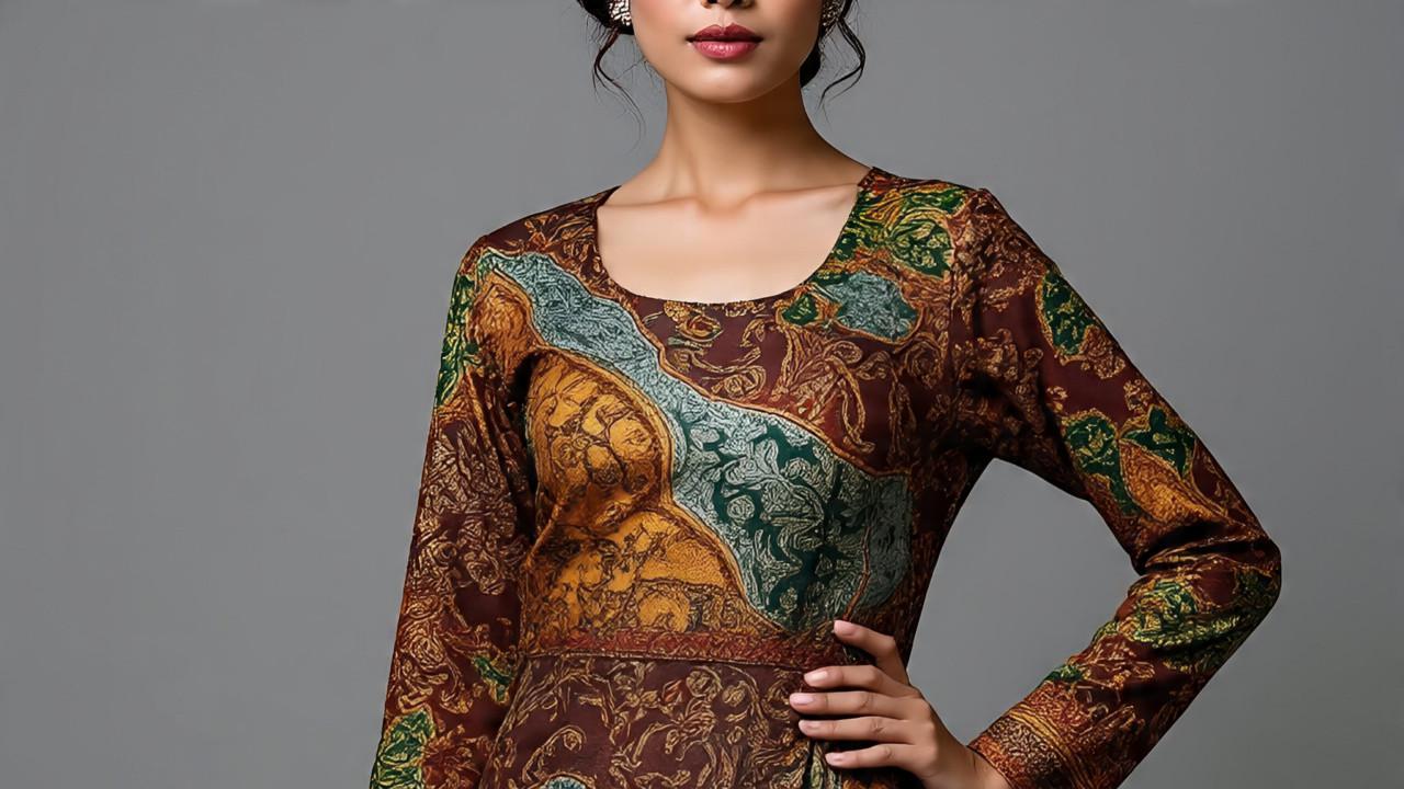 Dress Panjang Batik Kombinasi Brokat dengan Belah Samping
