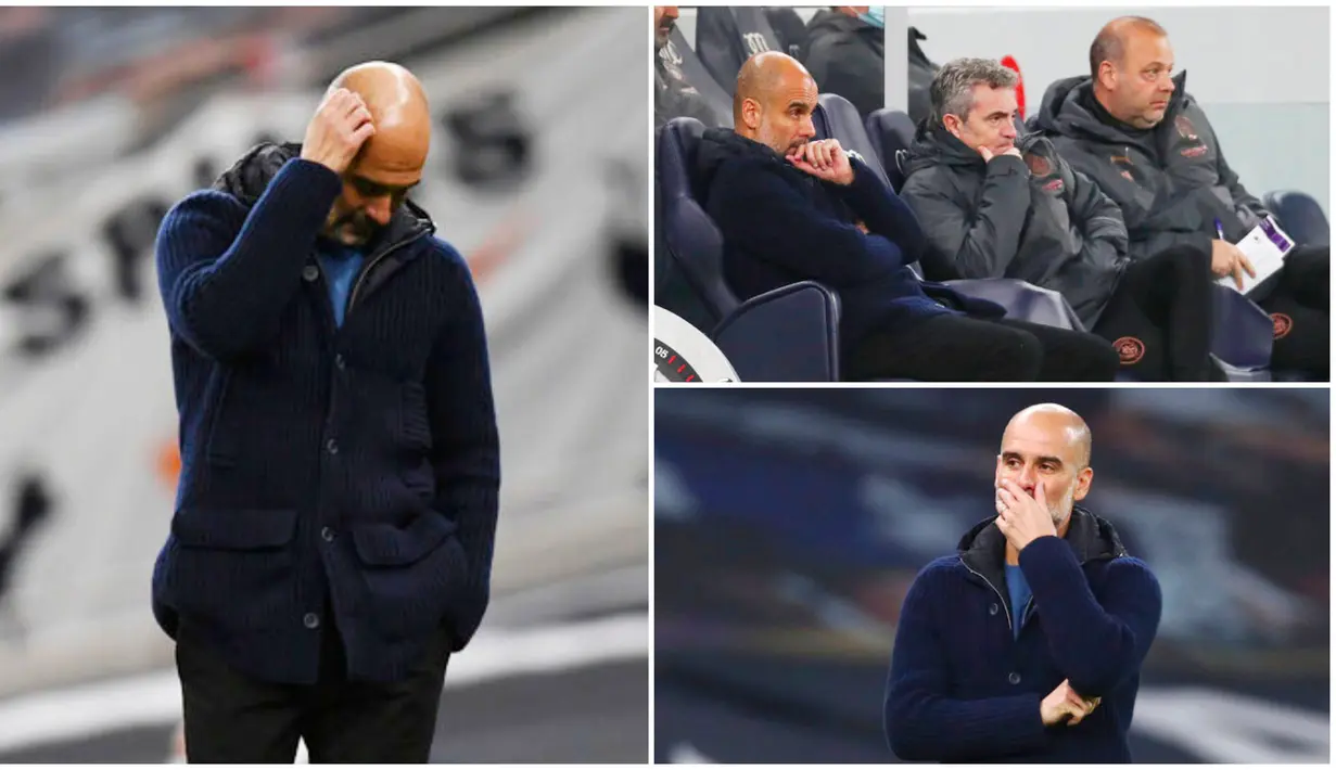 Pelatih Manchester City, Pep Guardiola, tampak tegang saat anak asuhnya menghadapi Tottenham Hotspur pada laga Liga Inggris. Di akhir pertandingan pelatih asal Spanyol itu pun menjadi kecewa lantaran timnya dihajar dua gol tanpa balas.