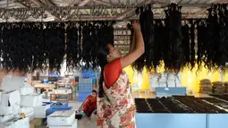 Pekerja menjemur rambut palsu di pusat pengolahan Raj Hair International di Alinjivakkam, India (25/7). Di india Rambut menjadi simbol pengorbanan bagi pemeluk Hindu. (AFP Photo/Arun Sankar)