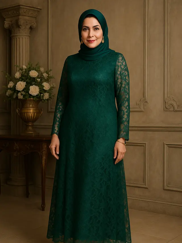 Model Gamis Brokat Warna Emerald Green 2025 untuk Usia 45 Tahun