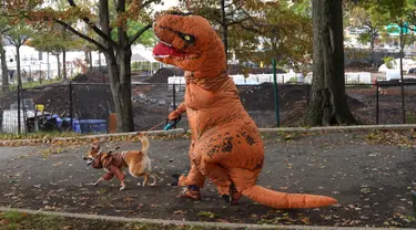 Seekor anjing dan pemiliknya dalam kostum terlihat selama Parade Tompkins Square Halloween Dog di New York, 27 Oktober 2018. Parade Halloween khusus anjing ini digelar setiap tahun, dan tahun ini merupakan gelaran yang ke-28. (TIMOTHY A. CLARY / AFP)