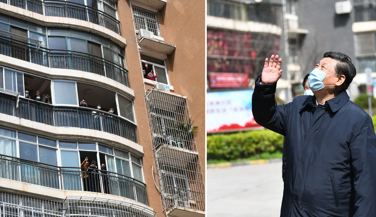 Foto kombinasi Presiden China Xi Jinping melambaikan tangan kepada warga yang dikarantina di rumah serta menyampaikan salam kepada mereka di area permukiman di Wuhan, 10 Maret 2020. Xi melakukan inspeksi terkait upaya pencegahan dan pengendalian wabah virus corona di Wuhan. (Xinhua/Xie Huanchi)