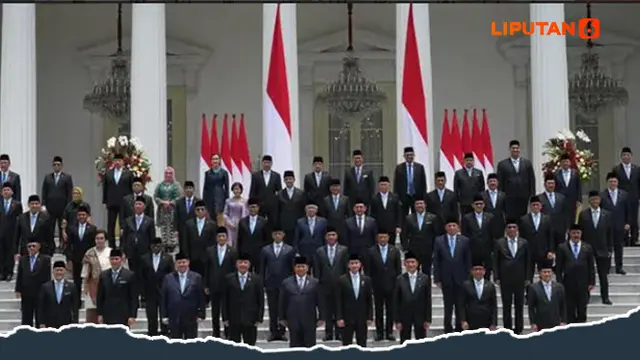 Banner Infografis 48 Menteri dan 5 Pejabat Kabinet Merah Putih. (AP Photo/Achmad Ibrahim)