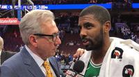 Guard Boston Celtics, Kyrie Irving, sedang melakukan wawancara selepas laga kontra Philadelphia 76ers di Wells Fargo Center, Philadelphia, Sabtu (21/10/2017) WIB. (NBA)