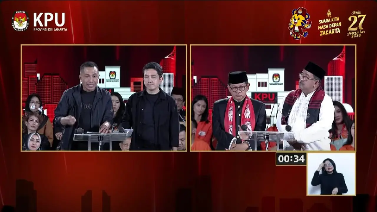 Paslon gubernur dan calon wakil gubernur nomor urut 2 Dharma Pongrekun-Kun Wardana dan paslon nomor urut 3 Pramono Anung-Rano Karno saat debat terakhir atau debat ketiga Pilkada Jakarta 2024.