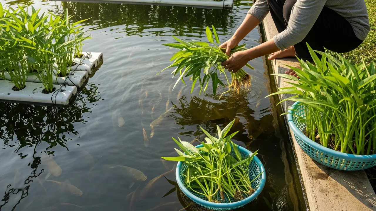 Menanam Kangkung Menggunakan Air Kolam Ikan (AI Generated)