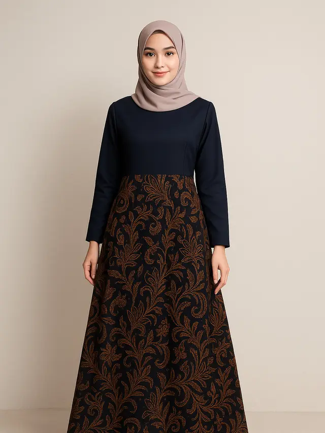 Dress Batik Panjang Muslim Kombinasi Polos