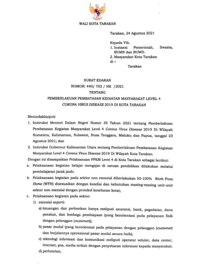 Wali Kota Khairul Perpanjang PPKM Level 4 di Kota Tarakan Hingga 6 September 2021