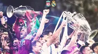 Liga Champions - Kombinasi pemain Liverpool dan Real Madrid angkat piala Liga Champions (Bola.com/Adreanus Titus)