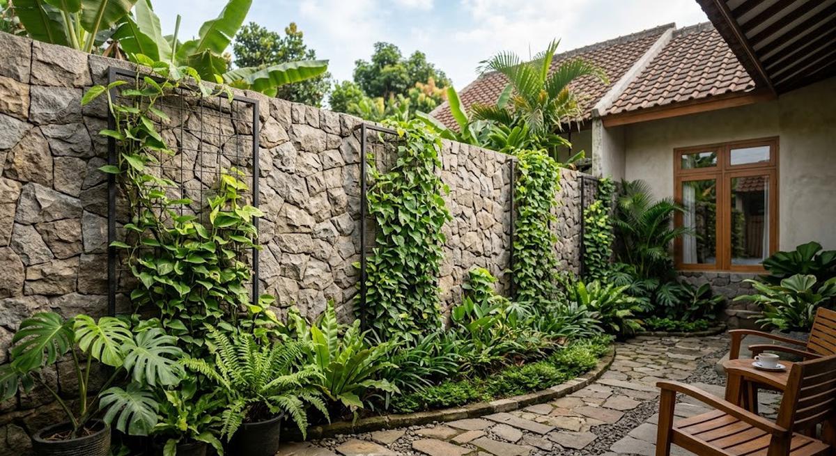 Model dinding belakang rumah dengan kombinasi batu alam dan tanaman model dengan tanaman merambat