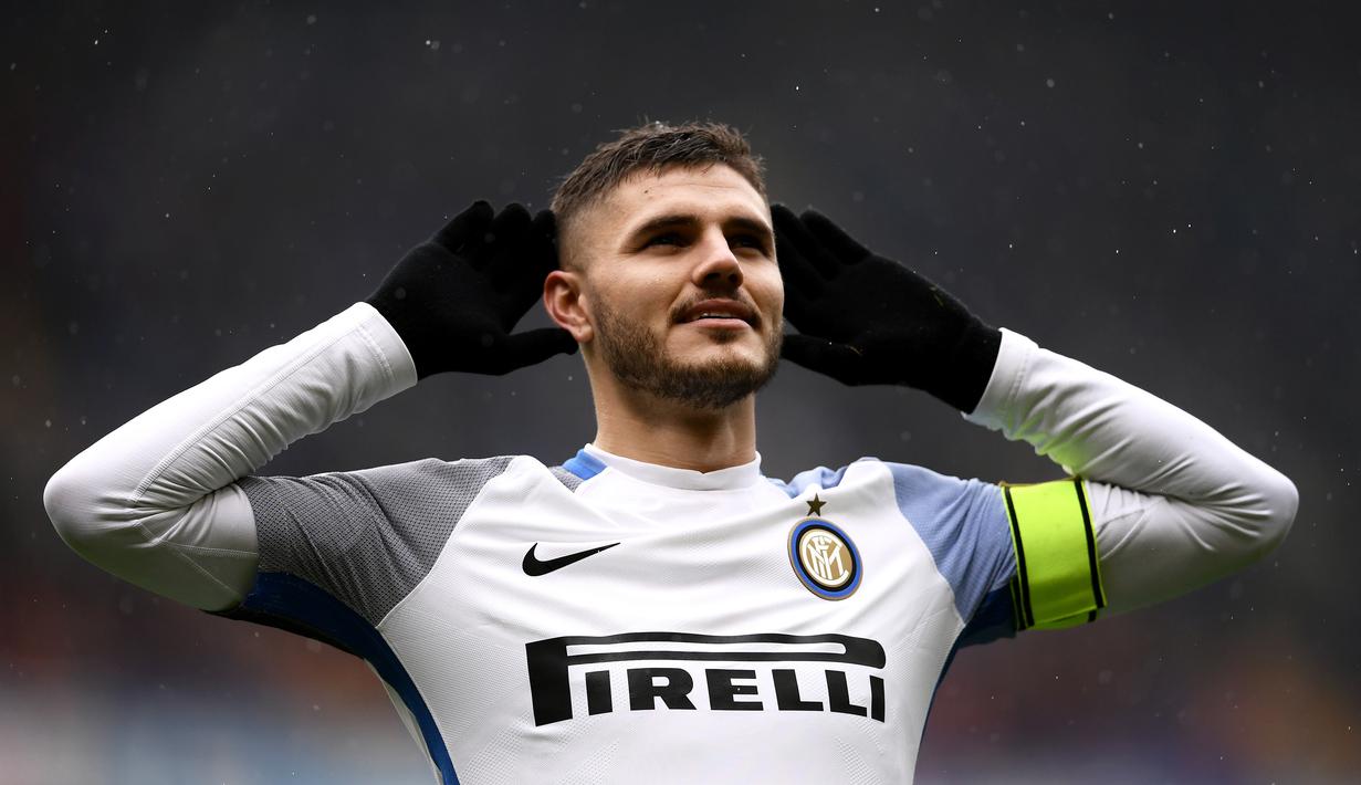 Mauro Icardi memborong empat gol saat Inter Milan bersua Sampdoria pada lanjutan Serie A di 'Luigi Ferraris' stadium, Genoa, (18/3/2018). Gol Icardi terjadi pada menit ke-30’, 31’, 44’, 51’.  (AFP/Marco Bertorello)