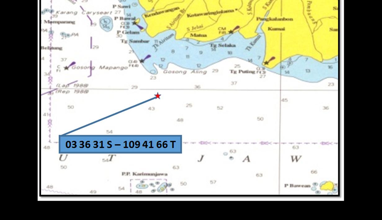Lokasi tempat ditemukannya ekor pesawat AirAsia QZ8501, Selat Karimata, Rabu (7/1/2015).(Dokumentasi TNI)