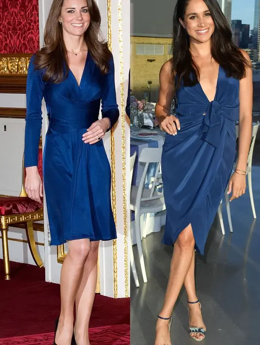 Lagi-lagi dengan gaun biru. Kali ini Kate Middleton dan Meghan Markle memakai gaun dengan model belahan dada rendah. Hayo, lebih cantik mana senyumnya? (Getty Images/Cosmopolitan)