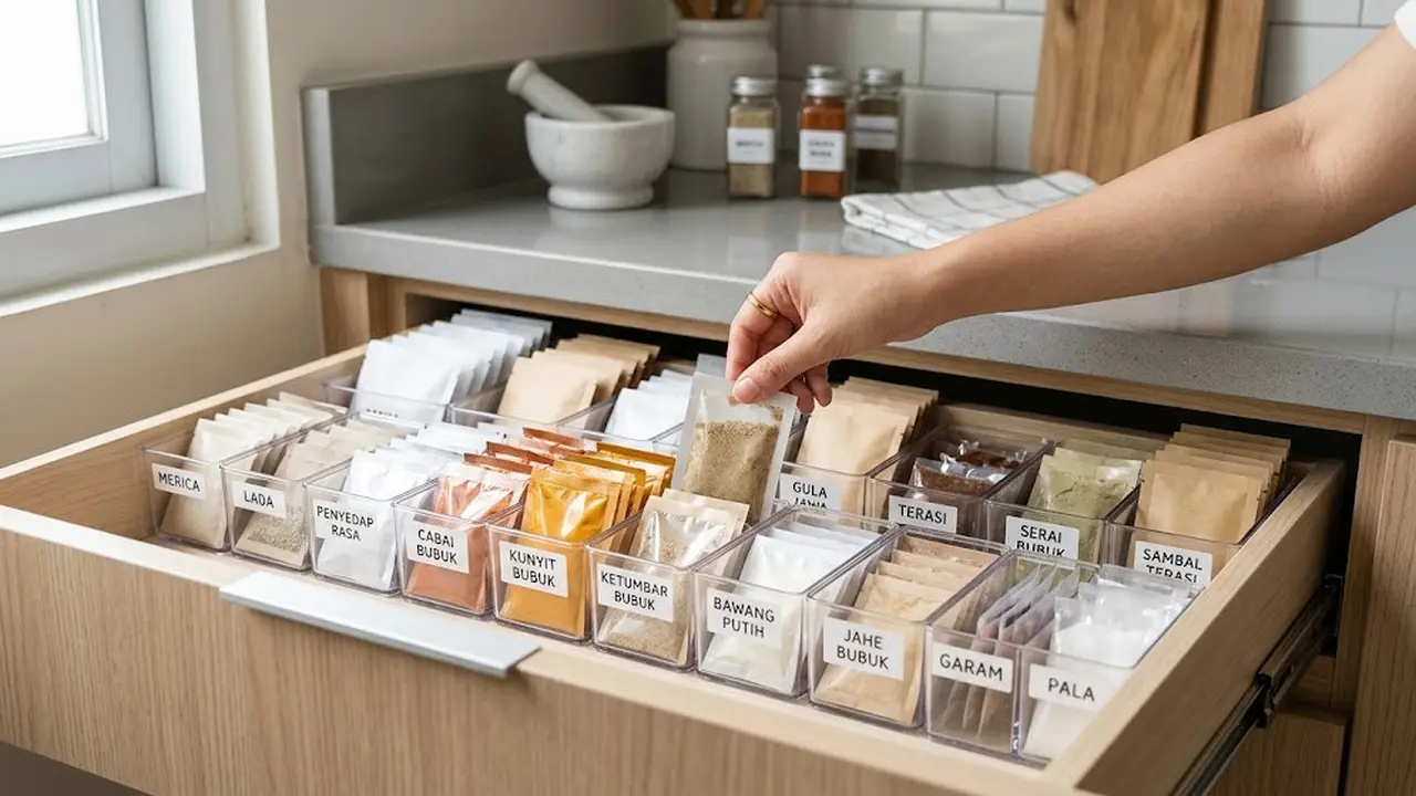Ide menata bumbu sachet agar mudah dicari dan tidak bikin dapur berantakan