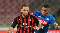 Penyerang AC Milan, Gonzalo Higuain menggiring bola dari kawalan gelandang Napoli, Allan saat bertanding pada lanjutan Liga Serie A Italia di San Paolo Stadium, Naples (25/8). Napoli menang tipis atas Milan 3-2. (AFP Photo/Alberto Pizzoli)