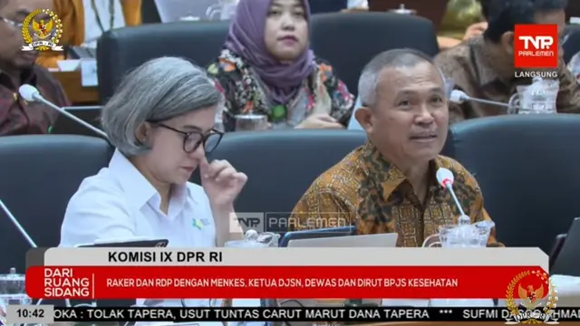 Ketua Dewan Jaminan Sosian Nasional (DJSN) Agus Suprapto  dalam Rapat Kerja dengan Komisi IX DPR RI, Jakarta, Kamis (6/6/2024). Agenda rapat ini adalah membahas mengenai KRIS dan iuran BPJS Kesehatan. (Arief/Liputan6.com)