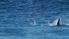 Peselancar Australia, Mick Flanning saat diserang seekor hiu di teluk Jeffrey's Afrika Selatan, (19/7/2015). Mick terjatuh dari papannya setelah diserang hiu dalam final kompetisi surfing dunia. (REUTERS/World Surf League)