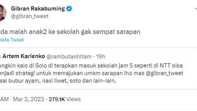 Gibran Rakabuming Jawab Usulan Warganet Masuk Sekolah Jam 5 Pagi di Solo