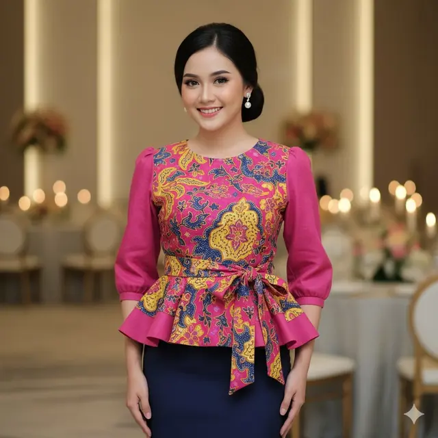 Blouse Batik Wanita Model Peplum Kombinasi Kain Polos untuk Kondangan