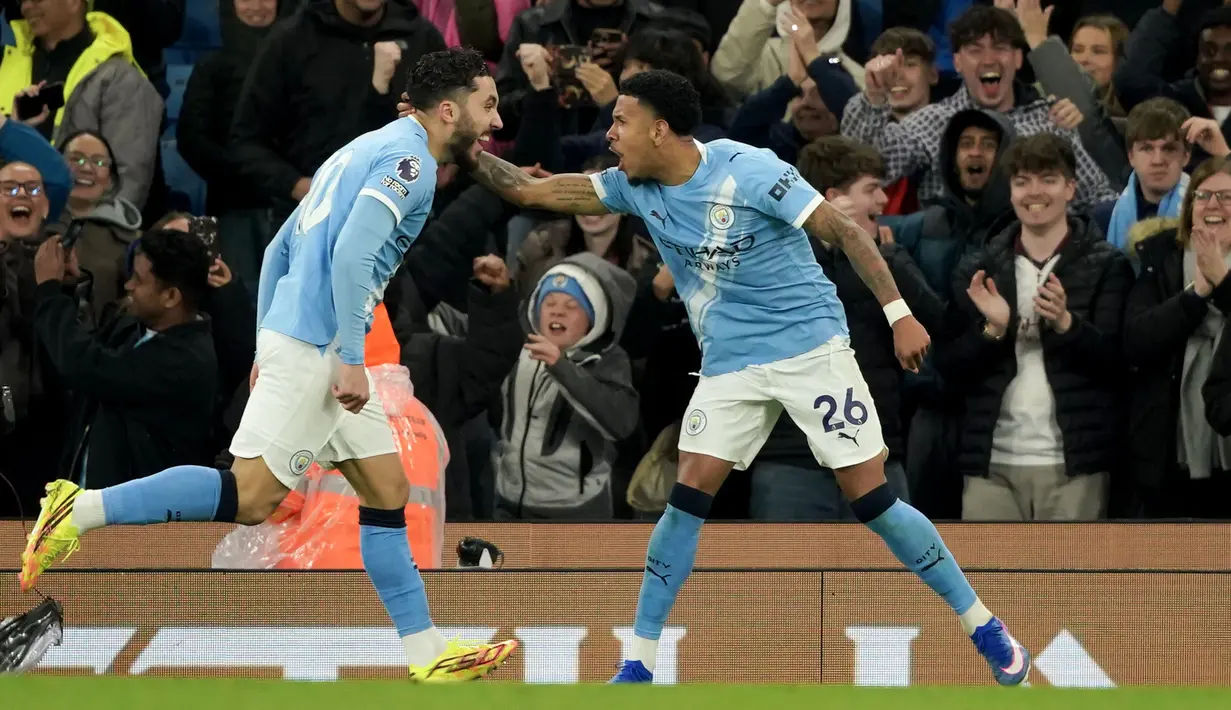 Gol penutup kemenangan Manchester City tercipta pada menit ke-84 lewat Savinho. Skor 3-0 bertahan hingga berakhirnya pertandingan. (AP Photo/Ian Hodgson)