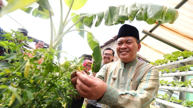 Wali Kota Bandung Oded M. Danial menyerahkan berbagai komoditas di Kampung Berkebun Bandung Juara Peduli Inflasi RW 04 Padjadjaran, Kecamatan Cicendo, Jumat (6/12/2019). (Foto: Liputan6.com/Humas Pemkot Bandung/Arie Nugraha)