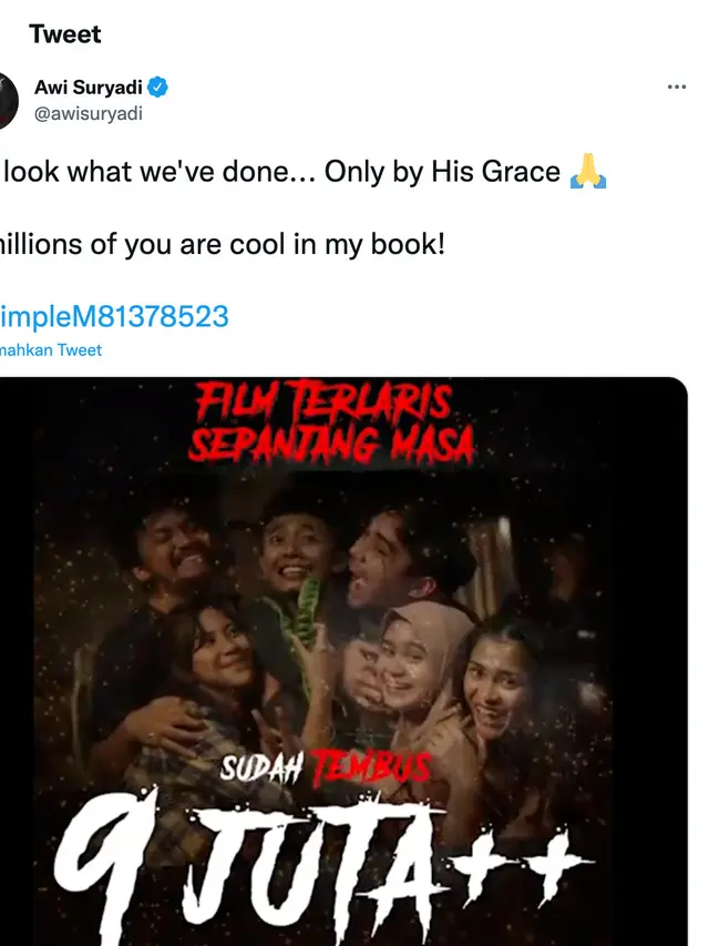 Cuitan Awi Suryadi soal KKN di Desa Penari 9 juta penonton. (Foto: Dok. Twitter @awisuryadi)