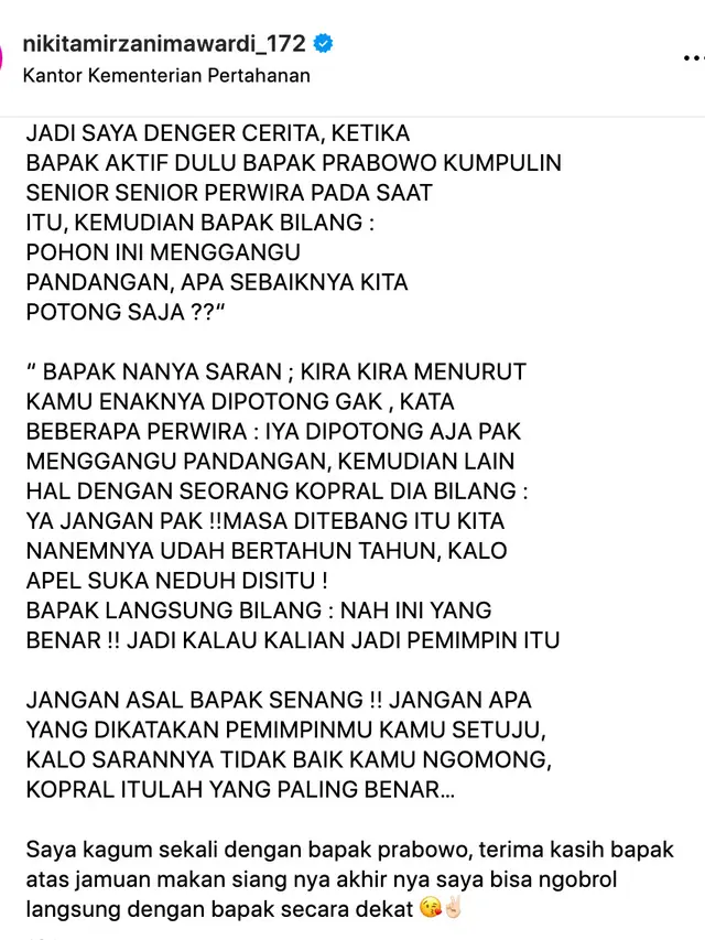 Unggahan Nikita Mirzani soal Prabowo. (Foto: Dok. Instagram @nikitamirzanimawardi_172)