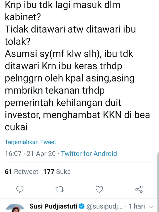 Unggahan Susi Pudjiastuti. (Foto: Twitter @susipudjiastuti)
