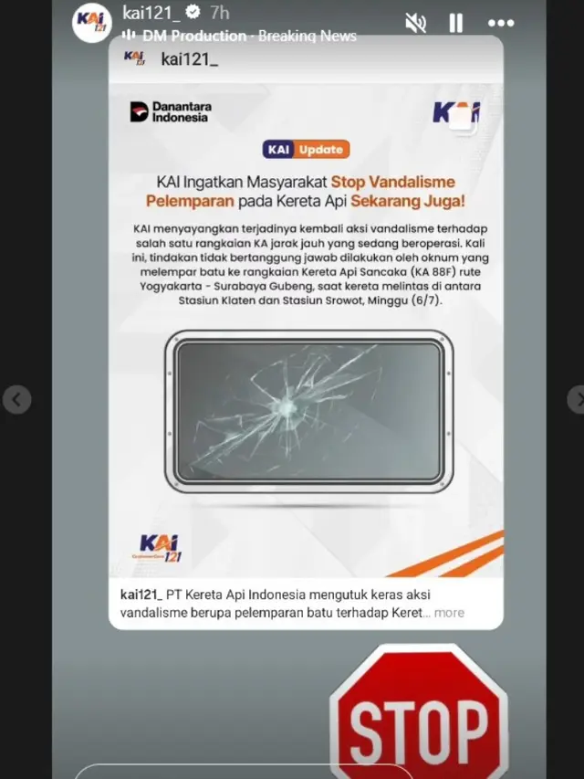 Penumpang Kereta Jogja-Surabaya Dilempar Batu, KAI Buru Pelaku yang Terancam Hukuman 15 Tahun Penjara