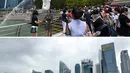 Pengunjung Taman Merlion di Singapura pada 13 Agustus 2019 (atas) dan pada 6 Maret 2020. (Roslan RAHMAN, Catherine LAI/AFP)