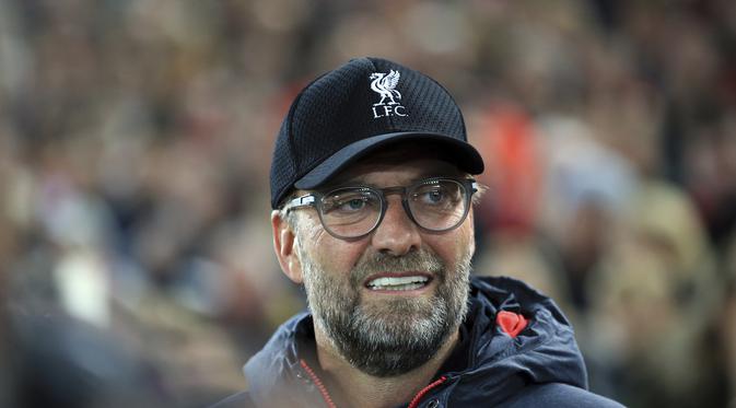 Manajer Liverpool Jurgen Klopp dalam laga kontra Salzburg pada matchday kedua Grup E Liga Champions di Anfield, Kamis (3/10/2019) dini hari WIB. Liverpool menang 4-3.(AP Photo/Jon Super)