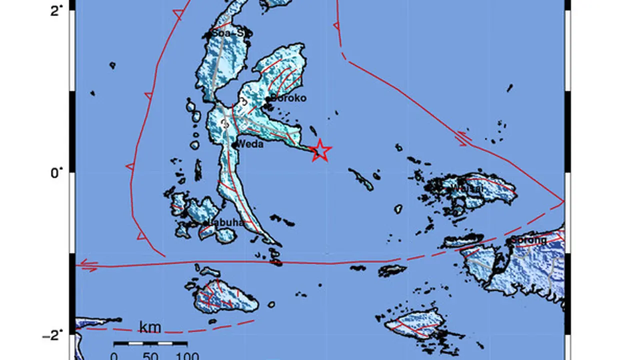Gempa bumi magnitudo 5,5 mengguncang wilayah tenggara Halmahera Tengah, Maluku Utara. (Dok. BMKG)