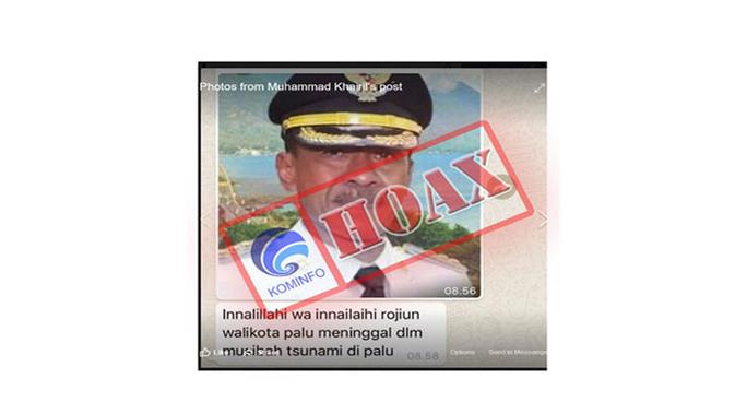 Berita hoaks Walikota Palu meninggal karena Tsunami. (Doc: Kominfo)