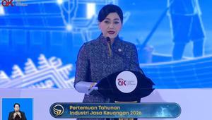 Pejabat Sementara (Pjs) Ketua Dewan Komisioner OJK, Friderica Widyasari Dewi dalam Pertemuan Tahunan Industri Jasa Keuangan Tahun 2026, di Jakarta, Kamis (5/2/2026). (Liputan6.com/Arief)