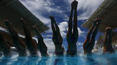 Tim renang indah putri Prancis sedang beraksi dalam sesi latihan resmi jelang kualifikasi Olimpiade 2016 di Rio de Janeiro, Brasil, (4/3/2016). (Reuters/Ricardo Moraes)